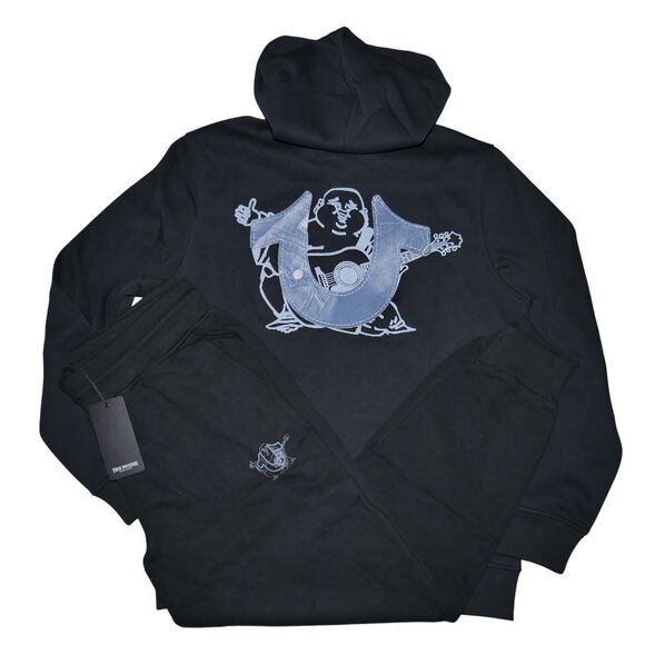 True Religion 2 PC Men's Sweatsuit Denim Logo Hoodie Joggers Tracksuit Set NWT - Picture 9 of 12